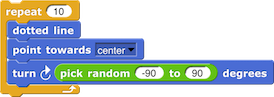 repeat (10): {dotted line; point towards
(center); turn right (pick random (-90) to
(90) degrees}