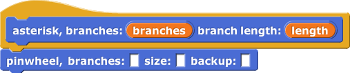 asterisk, branches:(branches) branch length:(length){pinwheel, branches: ( ) size:( ) backup:( )}