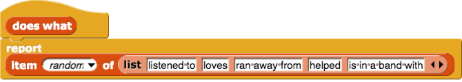 does what reporter block definition: report (item (random) of (list (listened to) (loves) (ran away from) (helped) (is in a band with)))