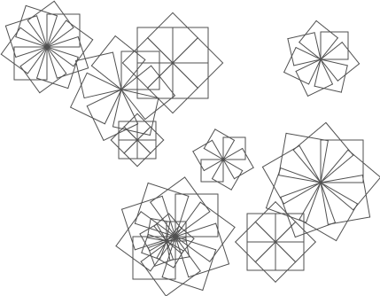 a drawing of a field of flowers each with a random number of square petals