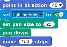 point in direction (45); set (flat line ends) to (True); set pen size to (20); pen down; move (150) steps