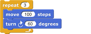 repeat (3) {move (100) steps; turn right (60) degrees}