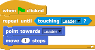 when green flag clicked:
repeat until (touching (Leader)?)
{
    point towards (Leader)
    move (1) steps
}