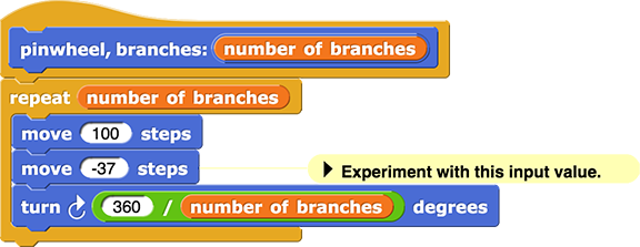 pinwheel block definition with comment asking students to experiment with the input for the second move block