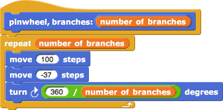 pinwheel, branches: (number of branches)
{
repeat(number of branches)
{
move (100) steps
move (-37) steps
turn clockwise (360 / number of branches) degrees
}
}