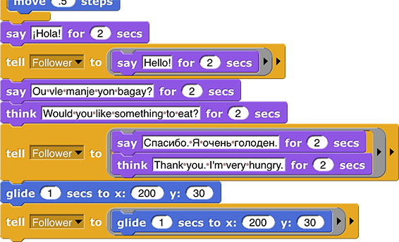 partial script of a conversation between two sprites:
‘partially cut off script’
say (¡Hola!) for (2) secs
tell (Follower) to (say (Hello!) for (2) secs)
say (Ou vle manje yon bagay?) for (2) secs
think (Would you like something to eat?) for (2) secs
tell (Follower) to (say (Спасибо. Я очень голоден.) for (2) secs; think (Thank you. I’m very hungry.) for (2) secs)
glide (1) secs to x: (200) y: (30)
tell (Follower) to (glide (1) secs to x: (200) y: (30))