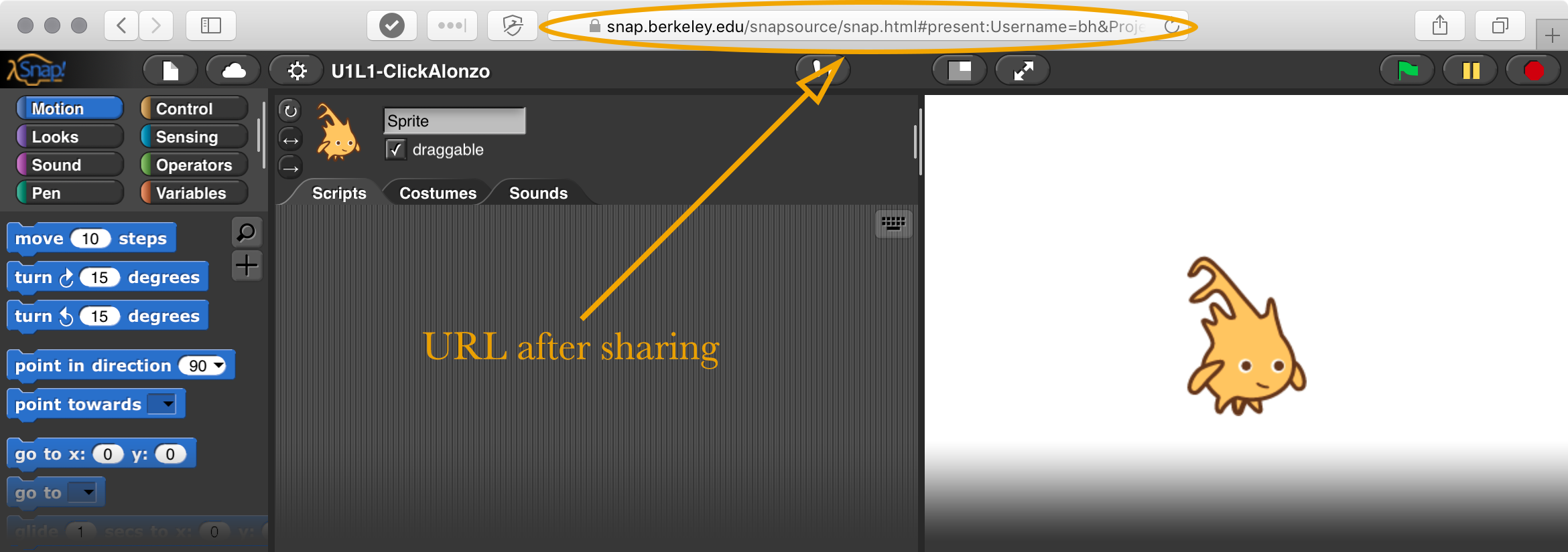 Snap! window in browser with URL 'snap.berkeley.edu/snapsource/snap.html#present:Username=bh&Proje...' circled in the location bar. The circle is labeled 'URL after sharing'