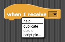 when I receive block with right-click menu open showing four options: help..., duplicate, delete, script pic...