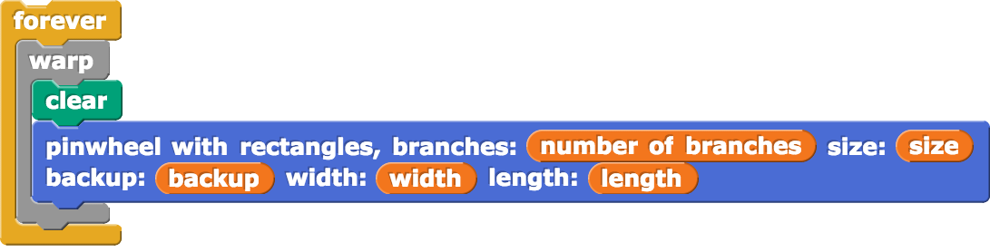 forever{warp{clear; pinwheel with rectangles, branches:(number of branches) size:(size) backup:(backup) width:(width) length:(length) }}