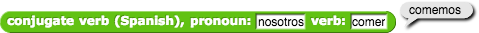 conjugate verb (Spanish), pronoun: (nosotros) verb: (comer) reporting 'comemos'