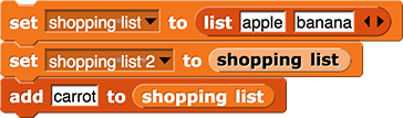 set(shopping list) to (list(apple)(banana))
set(shopping list 2) to (shopping list)
add (carrot) to (shopping list)