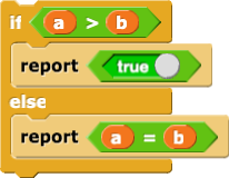 if (a > b) {
report true
} else {
report (a = b)
}