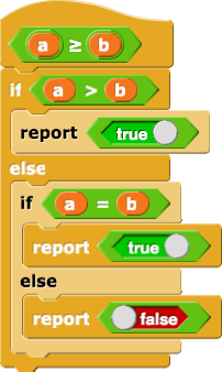 a ≥ b {if (a > b) {report true} else {if (a = b) {report true} else {report false}}}