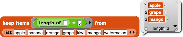 keep items  ((length of ( )) = (5)) from {apple, banana, orange, grape, kiwi, mango, watermelon} reporting {apple, grape, mango}