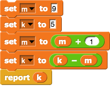 set m to 9, set k to 5, set m to (m + 1), set k to (k - m), report k