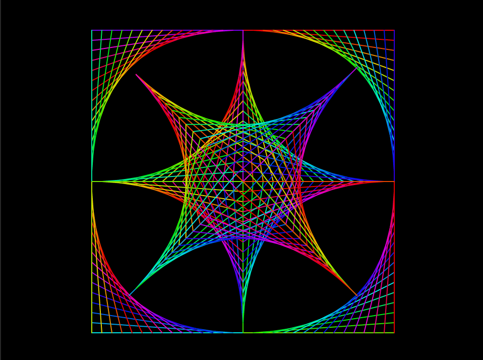 Multi-colored 8 spike curve stitching design in a perimeter frame