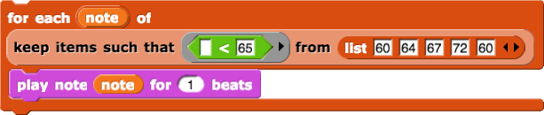 for each (note) of (keep items such that (() < 65) from (list (60) (64) (67) (72) (60))) (play note (note) for (1) beats)