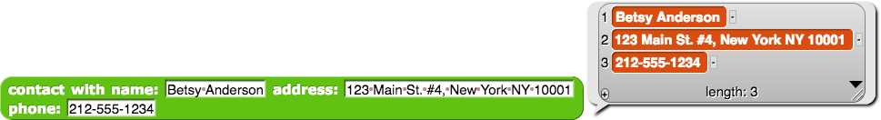 contact with name: (Betsy) address: (123 Main St. #4, New York, NY 10001) phone: (212-555-1234) reporting {Betsy Anderson; 123 Main St. #4, New York, NY 10001; 212-555-1234}