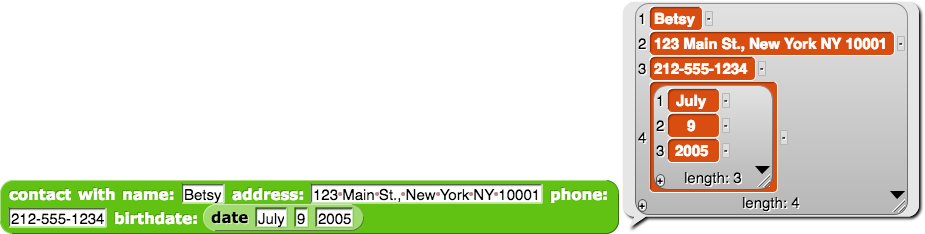 contact with name: (Betsy) address: (123 Main St., New York NY 10001) phone: (212-555-1234) birthdate: (date (July) (9) (2005)) reporting {Betsy, 123 Main St., New York NY 10001, 212-555-1234, {July, 9, 2005}}