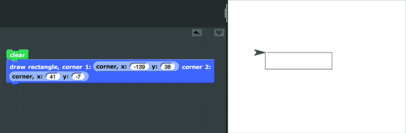 stage showing a rectangle drawn and scripting area showing the script: clear, draw rectangle corner 1: (corner, x:(-139) y:(38)) corner 2: (corner, x:(41) y:(-7))