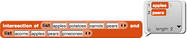 intersection of {apples, potatoes, carrots, pears} and {acorns, apples, pears, pine cones} reporting {apples, pears}