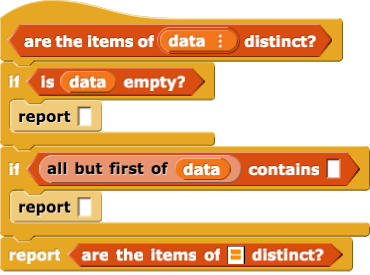 are the items of (data) distinct?
{
if (is (data) empty?)
{
report ()
}
if ((all but first of (data)) contains ())
{
report ()
}
report (are the items of () distinct?)
}