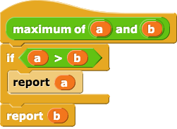 maximum of (a) and (b) {
if (a > b) {
report (a)
}
report (b)
}