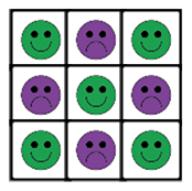 Tic-tac-toe grid showing happy faces in the corners and center and sad faces on the four edges