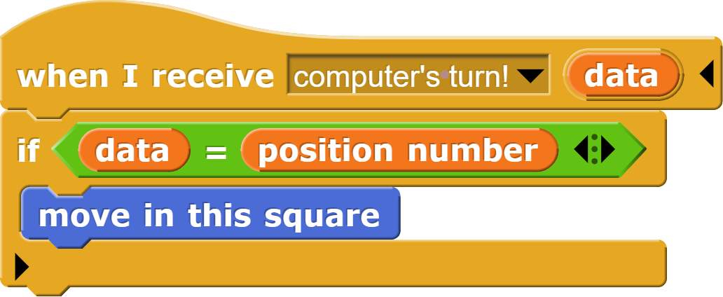 when I am (clicked) {
if ((message) = (square number)) {
move in this square
}
}