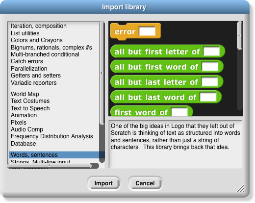 Snap! 'Import library' dialog box highlighting 'Words, sentences' library